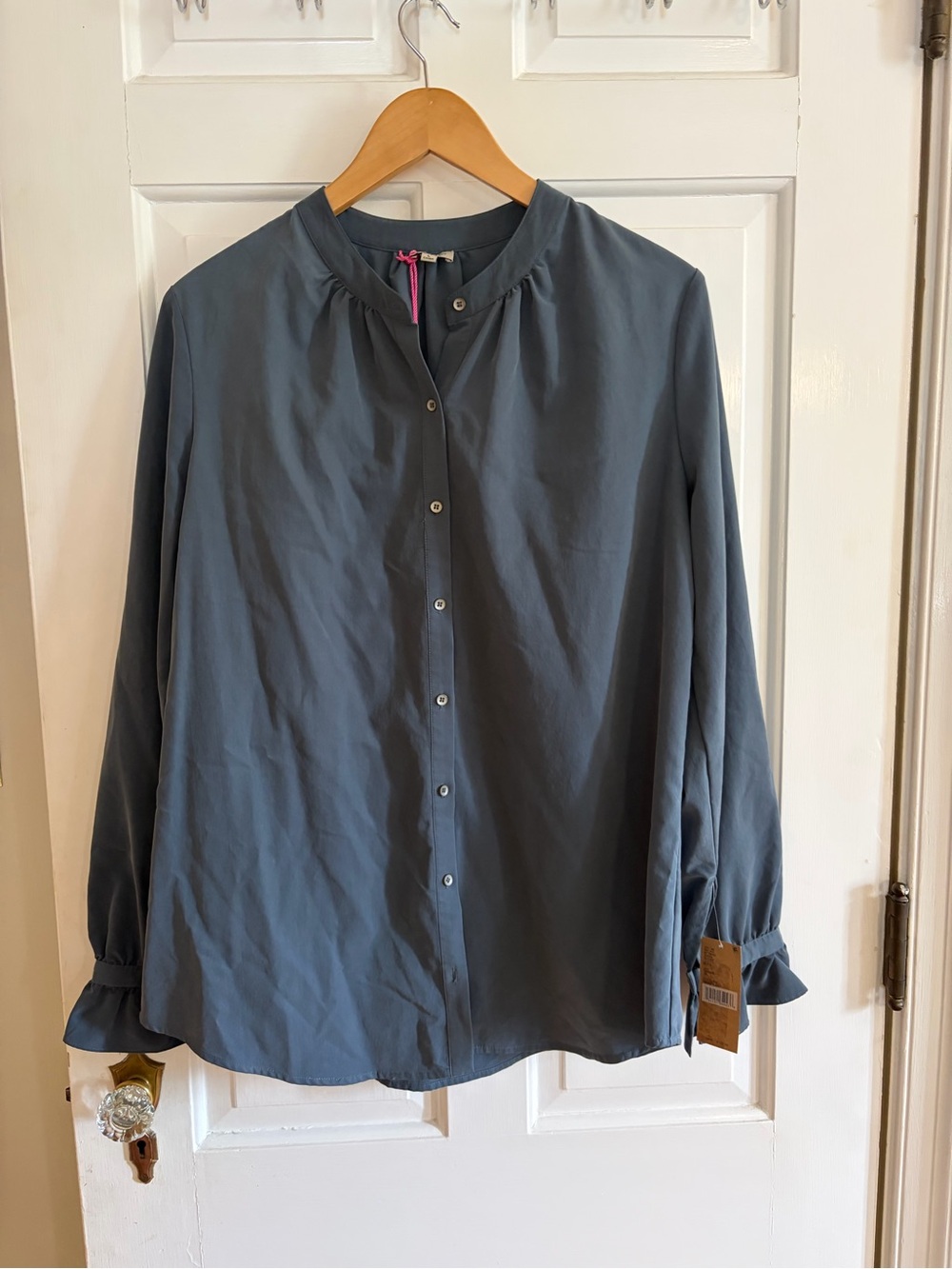 NWT Crémieux Slate Blue Band Collar Button-Down Shirt Ruffle Sleeve Large